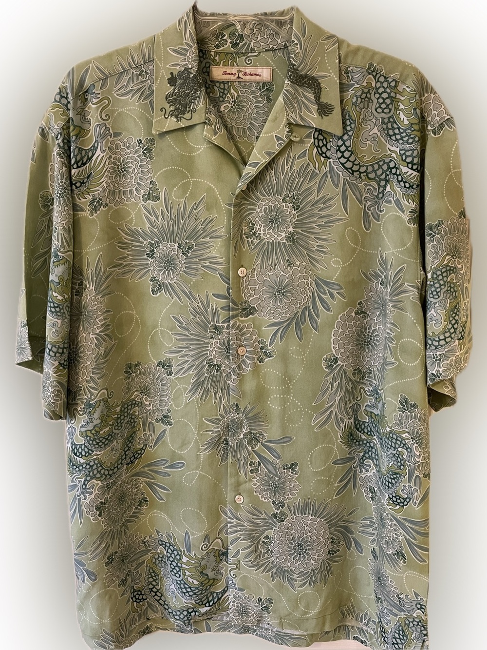 Tommy Bahama Light Green Floral Camp Shirt with Blue Accents Small